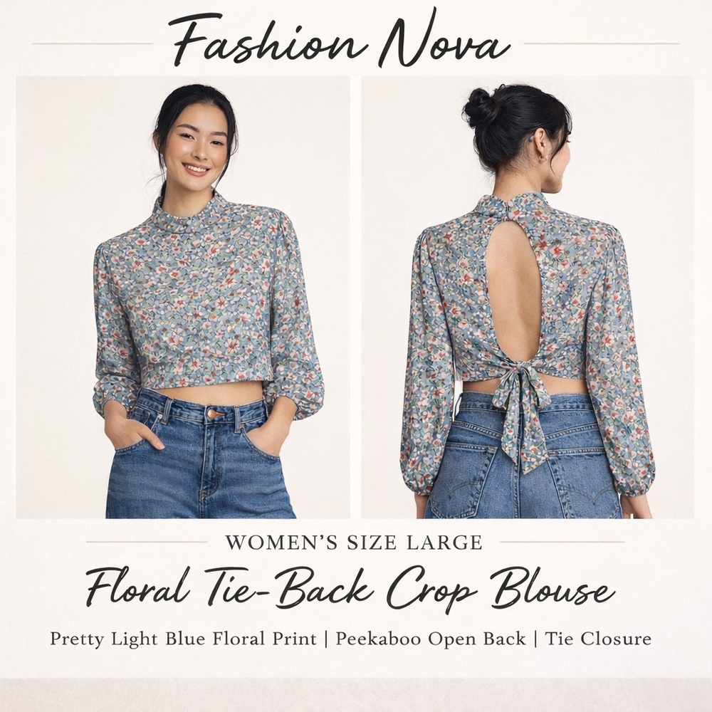🌸 Fashion Nova Blue Floral Tie-Back Crop Blouse Size Large